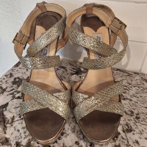 Jimmy Choo Gold/Silver Glitter  leather heel platform sandals size 37.5